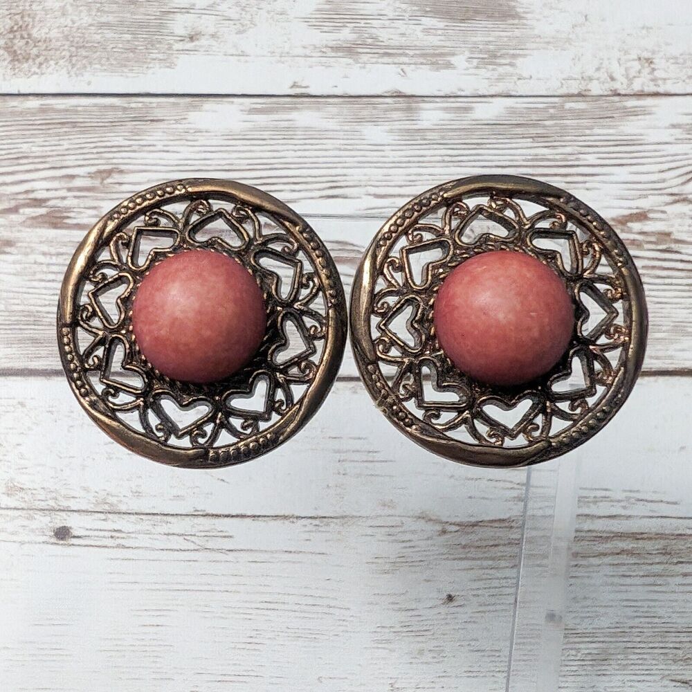 Vintage Clip On Earrings - Statement Earrings Dark Coral Tone Center Large